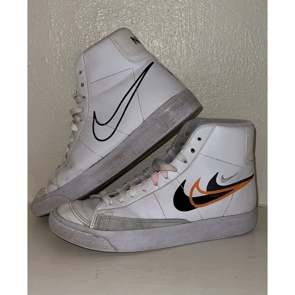 Nike Blazer Mid 77 GS White Black Orange Multi Swoosh FN7788-100 Kids 5Y
